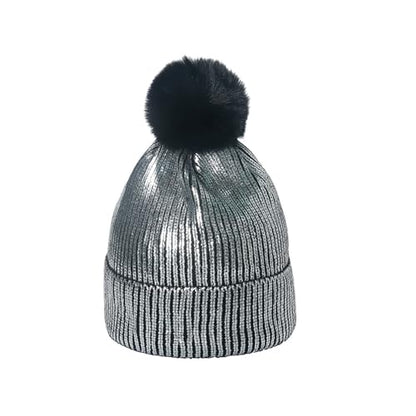 Metallic Winter Cable Knit Beanie Hat Cap Warm Soft Skull Caps with Furry Fur Pom Pom - color: Silver