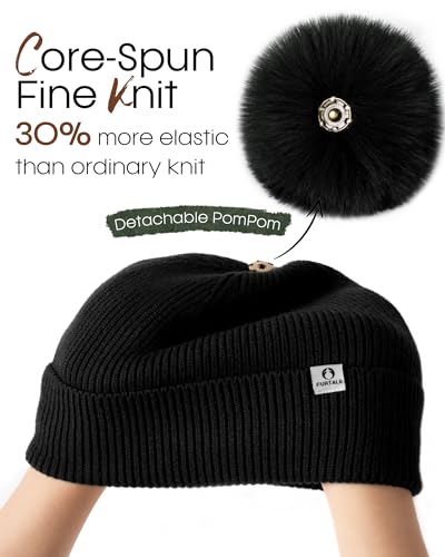 FURTALK Pom Pom Winter Hats for Women Fleece Lined Slouchy Warm Beanie Skull Cap - color: Black