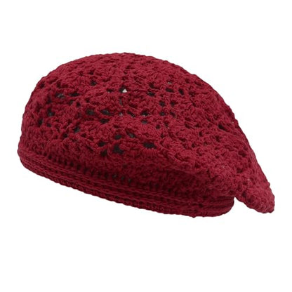 ZLYC Women Cotton Slouchy Crochet Beret Handmade Cutout Floral Beanie Hat - color: Crocheted Red