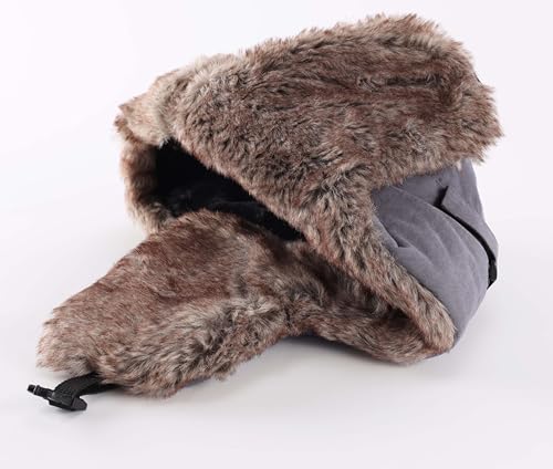 Home Prefer Mens Warm Faux Fur Trooper Trapper Hat Outdoor Reflective Winter Hunting Hat with Ear Flaps Face Mask - color: Grey