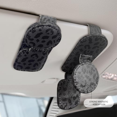 Dual Clip Car Sunglasses Holder, Applicable to Most Eyeglasses, Magnetic Leather Sun Glasses Mount Clip on Visors, Holds 2 Pairs of Glasses, Car Interior Visor Accessories (Leopard-Black)