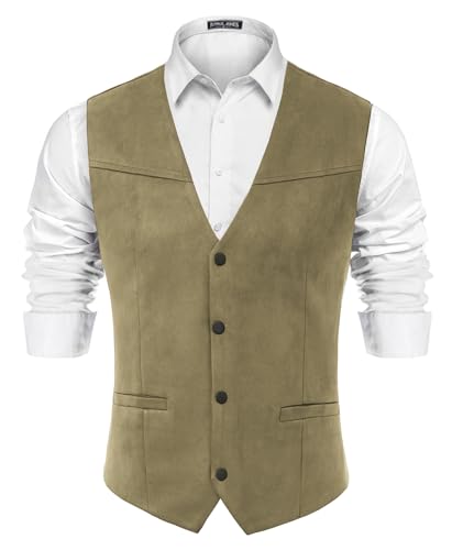 PJ PAUL JONES Men's Western Cowboy Vest Leather Suede Casual Waistcoat - color: Khaki Green, size: Large