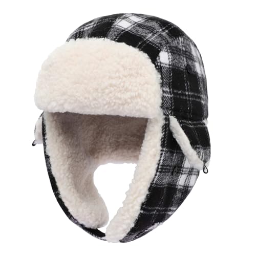 Kids Winter Trapper Hat Toddler Outdoor Warm Windproof Ushanka Aviator Hat Sherpa Fleece Lined Ski Cap for Boys Girls 1T-8T - color: Black & White Plaid, size: 1-4T