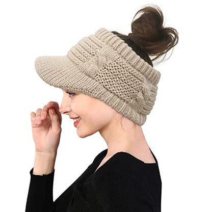 XYIYI Beanie Tail Winter Warm Knit Messy High Bun Ponytail Hats Visor Beanie Cap - color: Beige