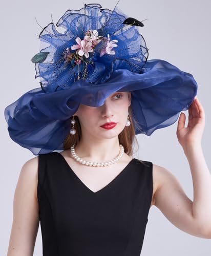 Women's Organza Church Kentucky Hat Fascinato Wedding Cocktail Tea Party Derby Hats Sun Hat - color: 06-navy Blue