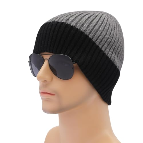ZLYC Men Winter Knit Fisherman Beanie Hat Fashion Warm Daily Skull Cap - color: Cuffed Black and Gray