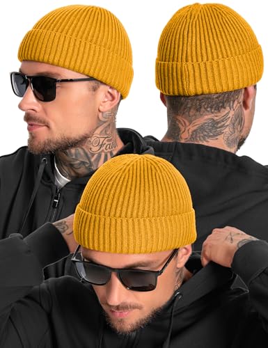 Fleece Lined Wool Short Fisherman Beanie Men Women Cuff Winter Hat - color: 1pc-yellow