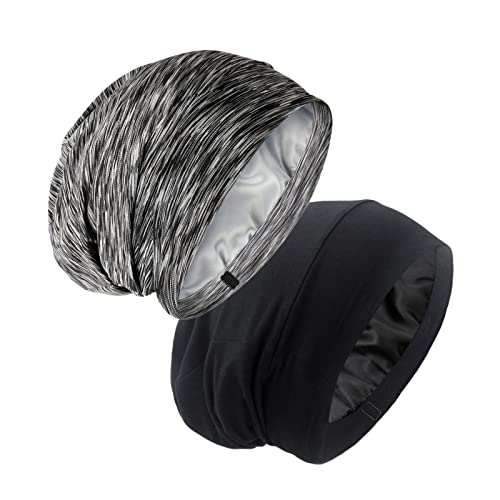 Silk Satin Lined Bonnet Sleep Cap - Adjustable Stay on All Night Hair Wrap Cover Slouchy Beanie for Curly Hair Protection for Women and Men - Black & Heather Black - color: Black & Heather Black, size: One Size