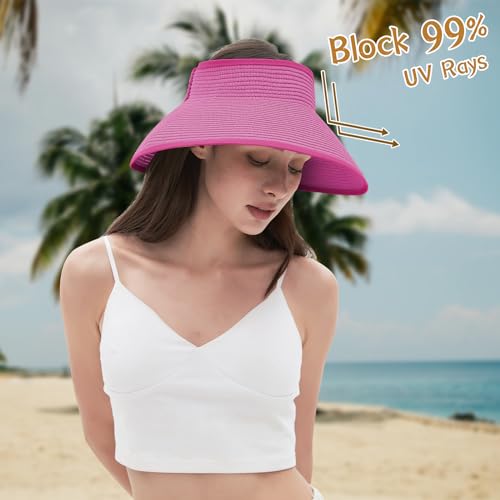 Women's Sun Visor Hats Wide Brim Straw Beach Hat Ponytail Hats for Women Foldable Floppy - color: 1pack-rose