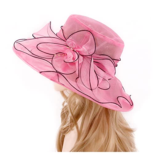 Haoohu Women's Church Derby Hat Wide Brim Bow Bucket Hat Wedding Dress Hat Fascinator Bridal Tea Party Hat - color: Rose Red 03161
