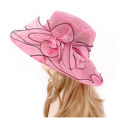 Haoohu Women's Church Derby Hat Wide Brim Bow Bucket Hat Wedding Dress Hat Fascinator Bridal Tea Party Hat - color: Rose Red 03161