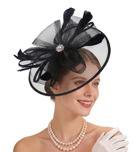 Zinniday Victoria Tea Party Hat - Vintage 1920s 50s Feather Mesh Kentucky Hat 2026 Derby Fascinator for Funeral Church Prom - color: Black