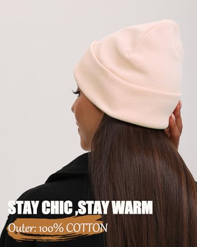 Satin Lined Knit Beanie Hat-100% Cotton Winter Hats for Women Men - color: 1-pink