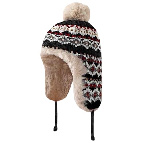 haozaikeji Women Winter Trapper Hat Faux Fur Knit Beanie Hat Thermal Earflap Outdoor Cap Pompom Hats Ushanka Hats - color: Black