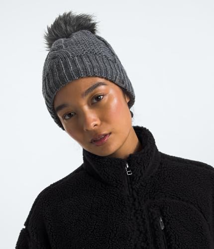 THE NORTH FACE Women's Oh Mega Fur Pom Lined Beanie | Deep Fit, Cuffed Winter Hat With Soft Cable Knit & Fleece Lining - color: Tnf Medium Grey Heather