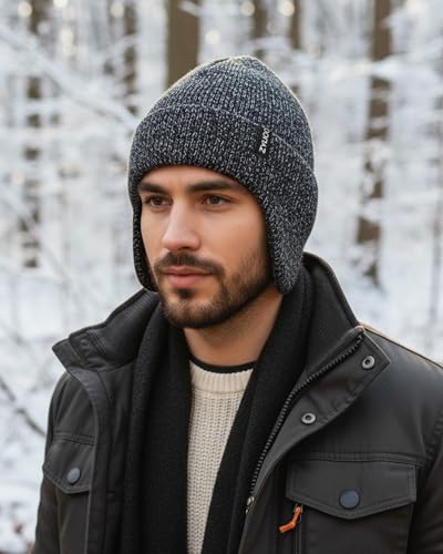 Zylioo XXL XL L Beanie for Big Heads Men Women, Ear Flap Winter Knit Hat - color: Black-gray, size: X-Large-3X-Large