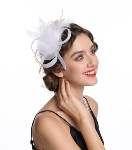 SAFERIN Women's Fascinators Feathers Tea Party Hat Veil Headband with Hair Clip for Cocktail Church - color: M-white