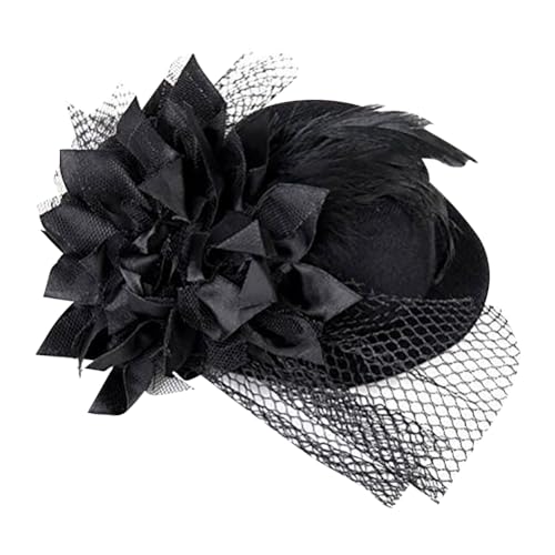 Tea Party Hat Hair Clips Mini Top Hat Vintage Flower Veil Hair Fascinator Mesh Flower Hair Pin Fascinator - color: Black
