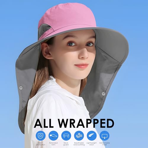 Outdoor Sun Hat Detachable Neck Face Flap UPF 50+UV Protection Visor Fishing Hats with Neck Flap for Men & Women - color: Pink