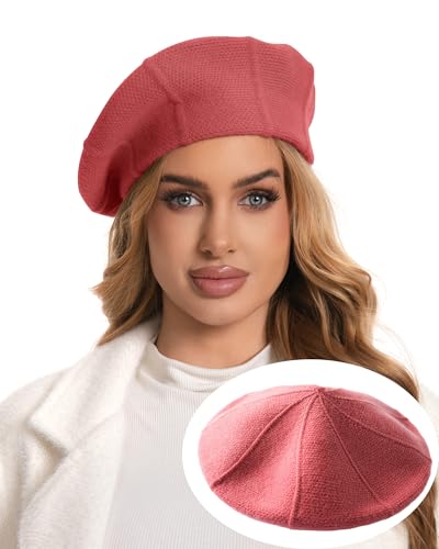 Women's Soft Wool Blend Beret Hat - 90% Wool / 10% Acrylic - No Itch, Elegant Slouchy Ribbed Knit Beret for Women - color: Pink