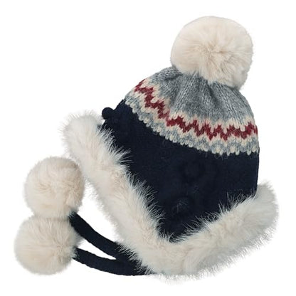 Women Winter Warm Knit Beanie Earflap Hat with Pompom Plush Lined Russian Ushanka Trapper Hat Thermal Windproof Ski Snow Cap - color: Navy Blue
