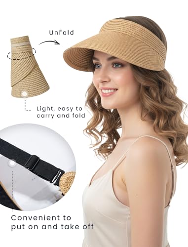CHUNG Women Visor Sun Hat Paper Straw Wide Brim Adjutable Ponytail Packable Beach Holiday Summer Travel - color: V-khaki