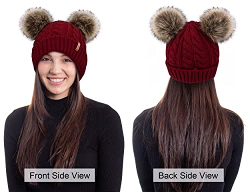 Arctic Paw Pom Pom Beanie Cable Knit Fleece Lined Winter Beanie Women Hat - color: Burgundy Hat Coffee Ball