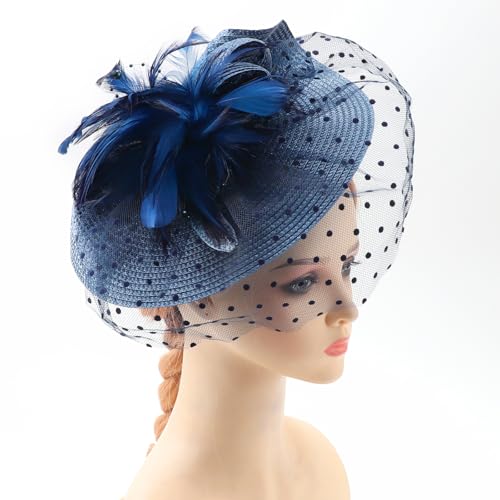 DRESHOW Fascinators Hat Flower Mesh Feathers Hat with a Headband and a Clip 7.9" Tea Party Headwear for Women - color: 1 Pc: Peacock Blue / 7.9"