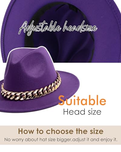 Men & Women Wide Brim Fedora Hat with Chain Buckle - color: Chain Belt-purple
