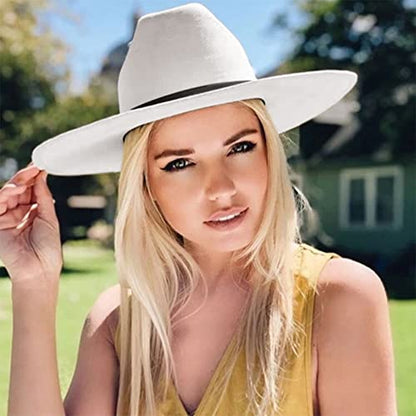 DRESHOW Women Classic Felt Fedora Wide Brim Floppy with Belt Buckle Panama Hat - color: 1 Pc Felt Fedora: White