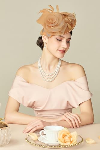 BABEYOND Fascinators Hats for Women Tea Party Mesh Flower Pillbox Derby Hat - color: Champagne Gold