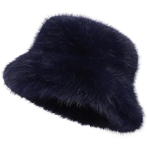 LA CARRIE Women's Fuzzy Wide Brim Faux Fur Bucket Hat Winter Fisherman Cap - color: Navy