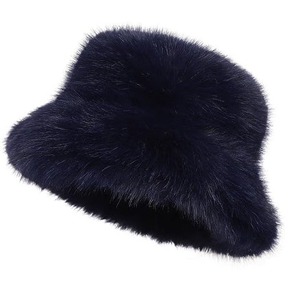 LA CARRIE Women's Fuzzy Wide Brim Faux Fur Bucket Hat Winter Fisherman Cap - color: Navy
