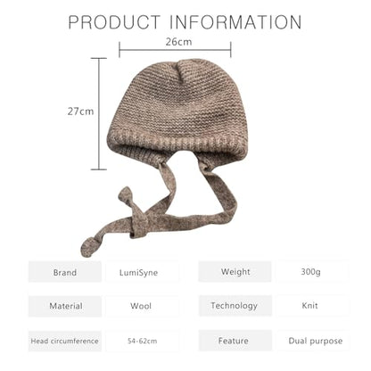 LumiSyne Winter Wool Knitted Hat Adjustable Drawstring Dual Purpose Earflap Hat and Knitted Bag Slouch Beanie Baggy Skull Cap - color: Tea Grey