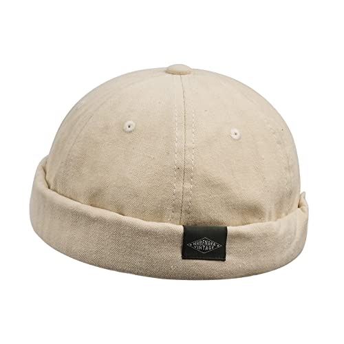 Clakllie Retro Docker Hat for Women Men Cotton No Brim Hat Adjustable Brimless Cap Worker Sailor Cap No Visor Beanie Hat - color: S-ct84-beige