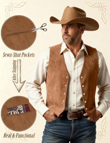 JEMITOP Men's Retro Western Cowboy Faux Suede Leather Vest - color: Rust Brown, size: Small