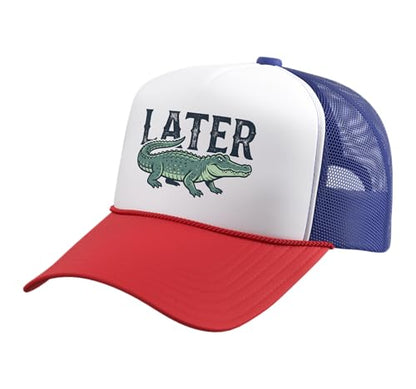 Later Alligator Trucker Hat with Adjustable Mesh Back - color: Red/White/Royal Blue