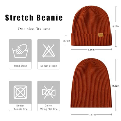100% Merino Wool Cuff Beanie Hat, Unisex Warm Winter Caps Soft, Breathable & Cozy Stretchy Knitted Cuffed Cap - color: Dark Orange
