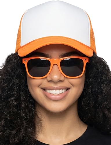 Funky Junque Blank Mesh Foam Lightweight Snapback Trucker Hat - color: Hat (Neon Orange/White) & Sunglasses (Neon Orange)