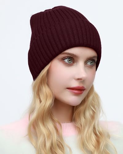 ROYBENS Womens Satin Lined Beanie for Men Wool Knit Cuffed Warm Winter Hats - color: 1pcs-wine Red