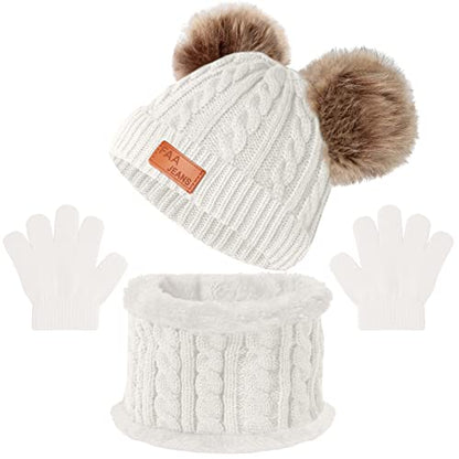 Kids Winter Beanie Hat Scarf Gloves Set,Toddlers Knit Winter Warm Double Pompom Cap Scarf Gloves for Girls Boys 1-5 Years Old - color: White