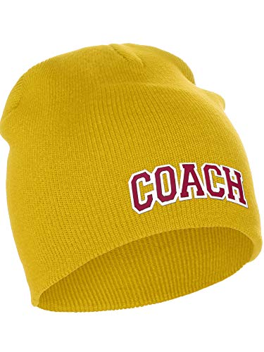 I&W Sports Team Coach Arch Letters Winter Knit Cuffless Beanie 3D Raised Layers - color: Gold Beanie White Red