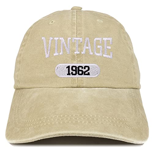 Trendy Apparel Shop Vintage 1962 Embroidered 63rd Birthday Soft Crown Washed Cotton Cap - color: Khaki