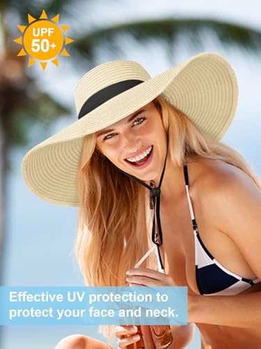 Floppy Sun Hats for Women, Summer Wide Brim Straw Beach Hat - color: Beige, size: X-Large