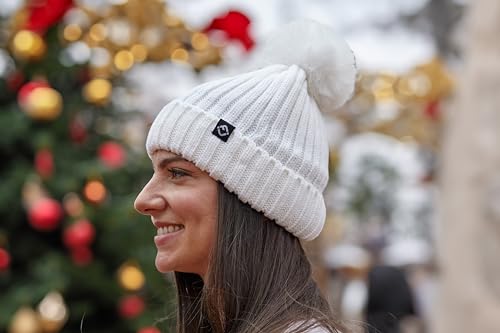 Funky Junque Women’s Winter Detachable Pom Beanie – Warm Knit Hat with Removable Faux Fur Pom, Soft Stretch Acrylic Cozy Cap - color: Ivory