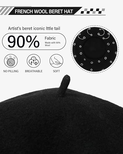 AWAYTR Punk Beret Hat for Women - 90% Wool Blend Goth Alt French Cap - color: Black