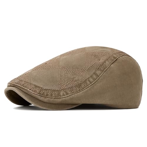 Quanhaigou Men's Cotton Flat Ivy Gatsby Newsboy Driving Hat Adjustable Irish Cabbie Ivy Driving Hunting Cap - color: Plaid Embroidered Khaki