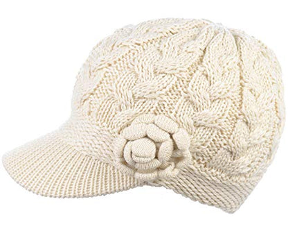 BYOS Womens Winter Chic Cable Warm Fleece Lined Crochet Knit Hat W/Visor Newsboy Cabbie Cap - color: Cable W/ Flower Ivory
