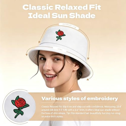 ZLYC Cotton Bucket Hat for Women Men Embroidered Packable Summer Sun Cap - color: Rose White