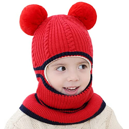 Toddler Winter Hat Baby Balaclava 2 in 1,Fleece Lined Knitted Beanie with Face Mask, Ear Flaps & Pom Pom for Boys Girls - color: Bear-red